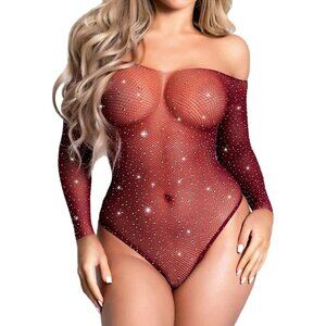 Women Wine Red Lingerie Fishnet Teddy Sparkle Rhinestone One Piece Mesh Bodysuit